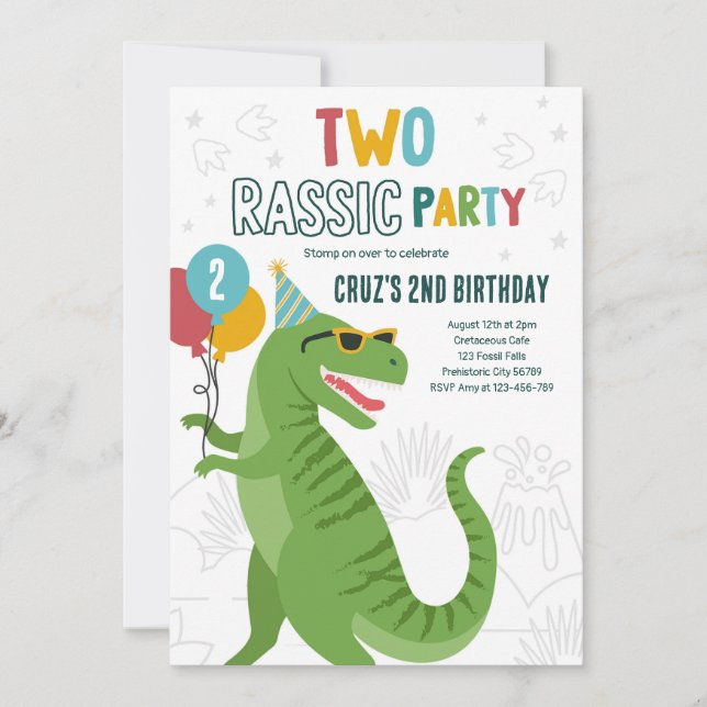 Dinosaur 2nd Birthday Party T-Rex 2nd Birthday Invitation (Front)