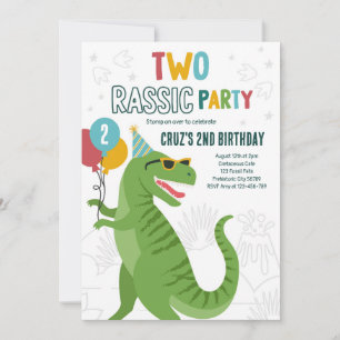 Dinosaur 2nd Birthday Party T-Rex 2nd Birthday Invitation