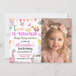 Dinosaur 2nd Birthday Photo Two-A-Saurus Girl Invitation