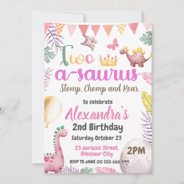 Dinosaur 2nd Birthday Two-A-Saurus Girl Party Invitation (Front)