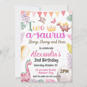 Dinosaur 2nd Birthday Two-A-Saurus Girl Party Invitation