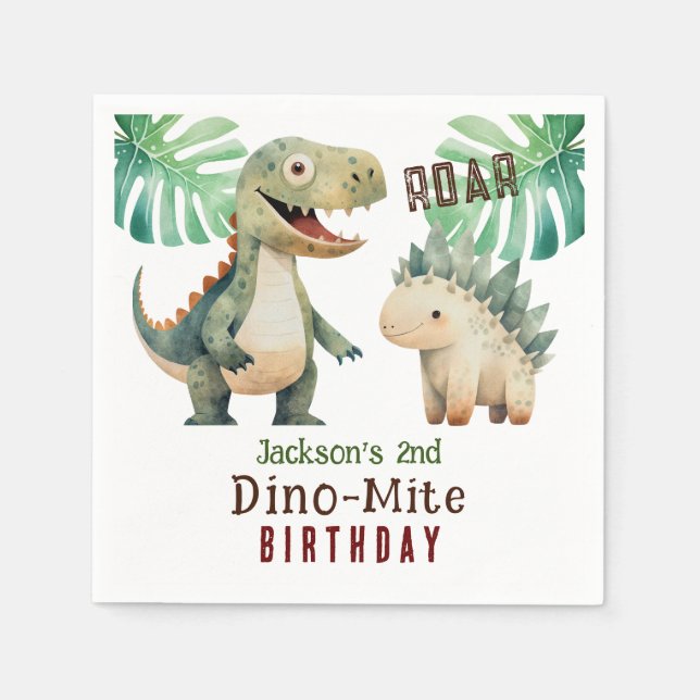 Dinosaur 2nd Birthday Watercolor Paper Napkin (Front)
