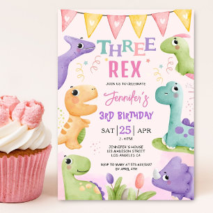 Dinosaur 3rd Birthday Girl Cute Three Rex Birthday Invitation