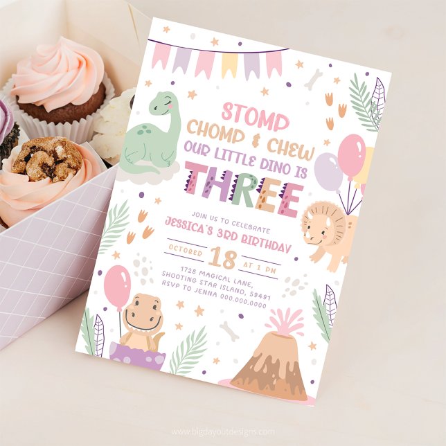 Dinosaur 3rd Birthday Invitations Girl. Cute Baby  (Creator Uploaded)