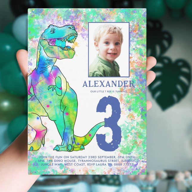 Dinosaur 3rd Birthday Party Photo Invitation (Colorful dinosaur 3rd birthday party invitation with photo template T-Rex dino watercolor splash)