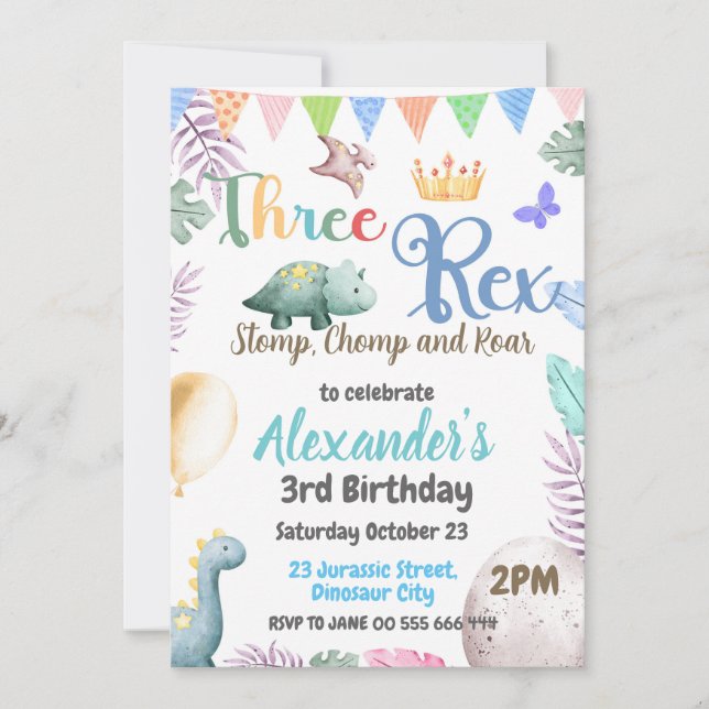 Dinosaur 3rd Birthday Three Rex Boy Invitation (Front)