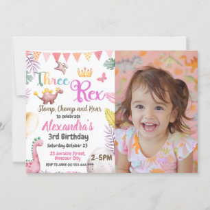 Dinosaur 3rd Birthday Three Rex Photo Girl Invitation