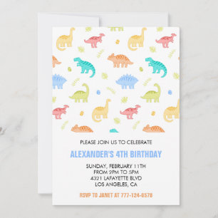 Dinosaur 4th birthday boy jungle kids t rex blue invitation