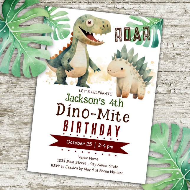 Dinosaur 4th Birthday Boy Watercolor Invitation (Creator Uploaded)