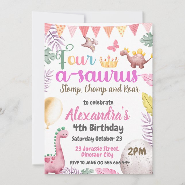 Dinosaur 4th Birthday Four-A-Saurus Party Invitation (Front)