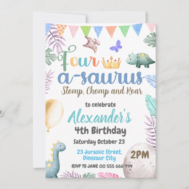 Dinosaur 4th Birthday Four-A-Saurus Party Invitation (Front)