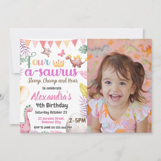 Dinosaur 4th Birthday Four-A-Saurus Photo Girl Invitation (Front)