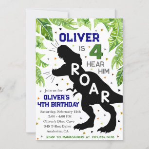 Dinosaur 4th Birthday, Four Hear Him Roar Invite