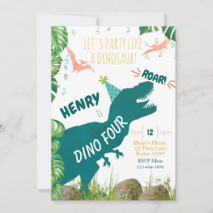  Dinosaur 4th Birthday Invitation Dino Four TRex 