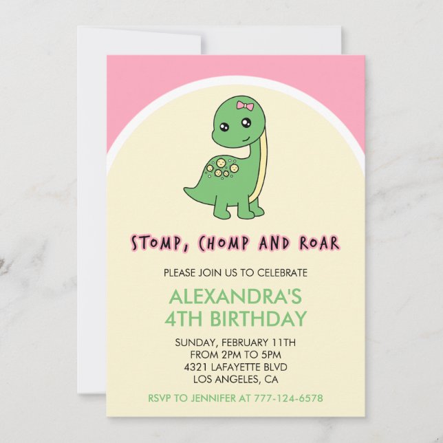 Dinosaur 4th birthday invitations girl green pink (Front)