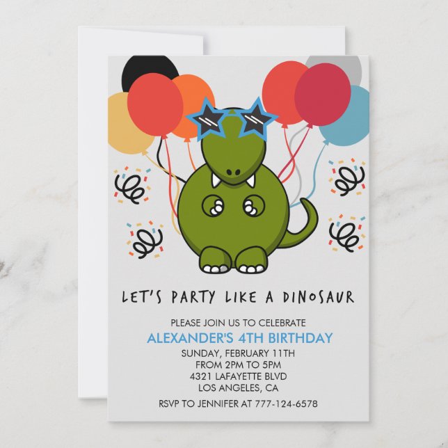 Dinosaur 4th birthday invitations kids Cute t rex  (Front)