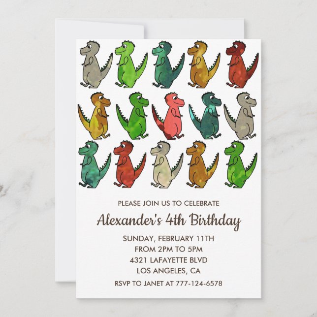 Dinosaur 4th birthday invitations kids rainbow (Front)