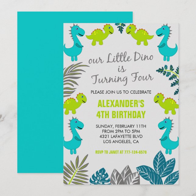 Dinosaur 4th birthday jungle green cute t rex invitation (Front/Back)