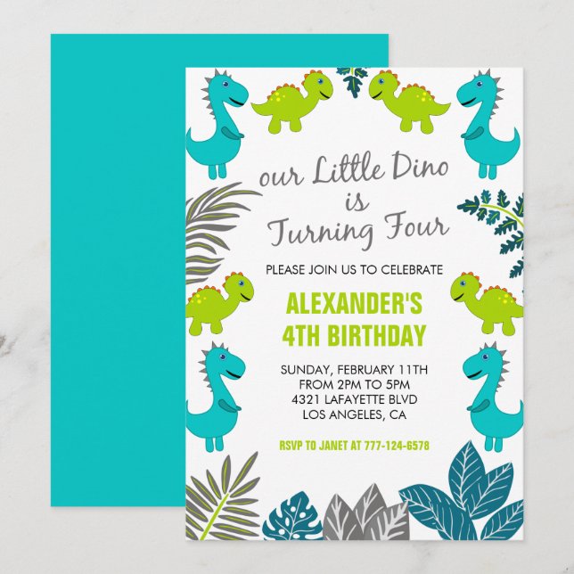 Dinosaur 4th birthday jungle green dino t rex invitation (Front/Back)