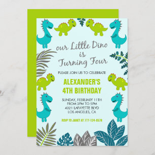 Dinosaur 4th birthday jungle kids green  t rex invitation