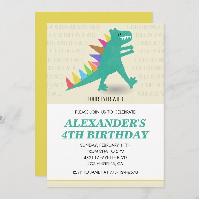Dinosaur 4th birthday Kids Colourful t rex Invitation (Front/Back)