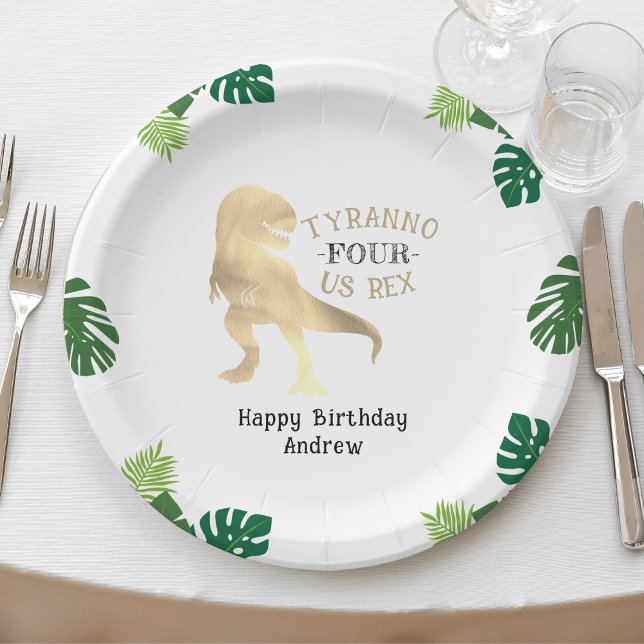 Dinosaur 4th Birthday Party Gold Tyrannosaurus Rex Paper Plate (Creator Uploaded)