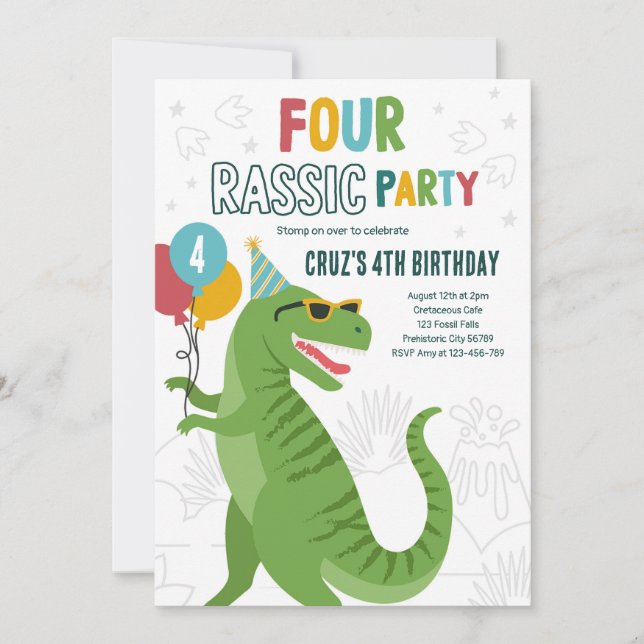 Dinosaur 4th Birthday Party T-Rex 4th Birthday Invitation (Front)