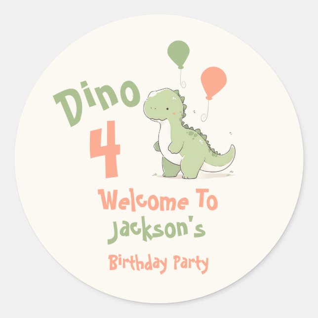  Dinosaur 4th Birthday Party Welcome Classic Round Sticker (Front)