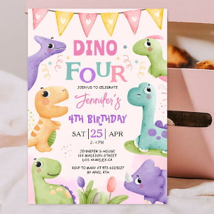 Dinosaur 4th Birthday Pink Cute Dino-Four Party Invitation