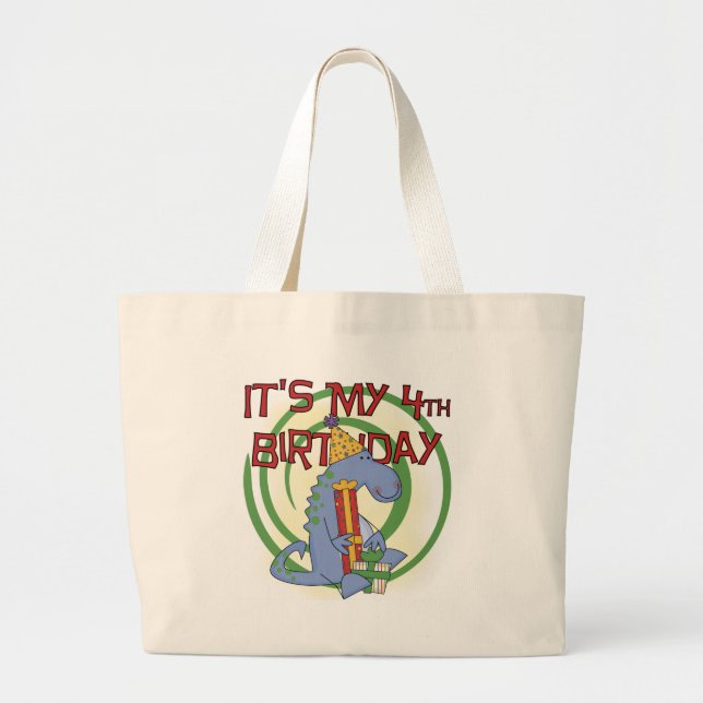 Dinosaur 4th Birthday T-shirts and Gifts Large Tote Bag (Front)