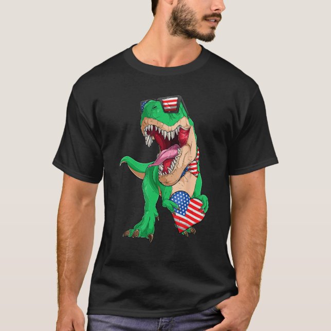 Dinosaur 4th of July Kids Boys Rex Flag USA Flag P T-Shirt (Front)
