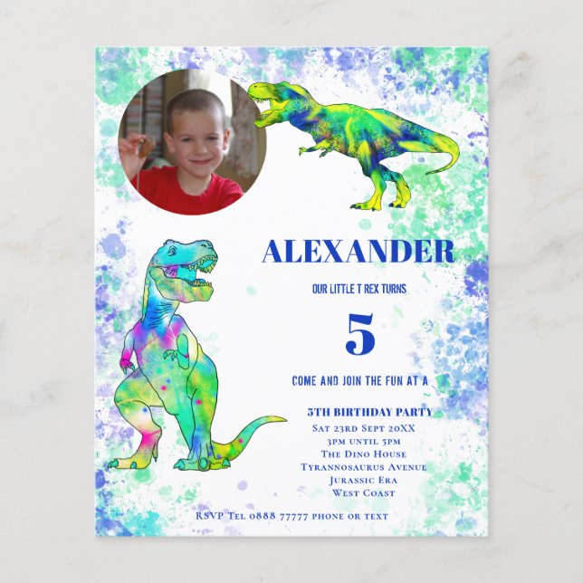 Dinosaur 5th Birthday Colourful Photo Budget Flyer (Front)