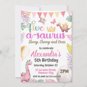 Dinosaur 5th Birthday Girl Five A-Saurus Party  Invitation