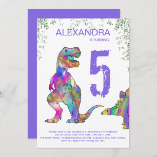 Dinosaur 5th Birthday Party for Girls purple Invitation