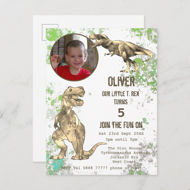 Dinosaur 5th Birthday Party T Rex Boys Photo Green Invitation Postcard (Front/Back)