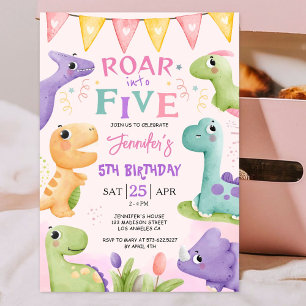 Dinosaur 5th Birthday Pink Cute Roar Into Five  Invitation