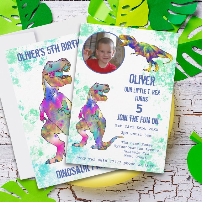 Dinosaur 5th Birthday T Rex Boys Photo Colourful  Invitation (Colorful dinosaur 5th birthday party custom invitation with photo template watercolor T-Rex dino art)