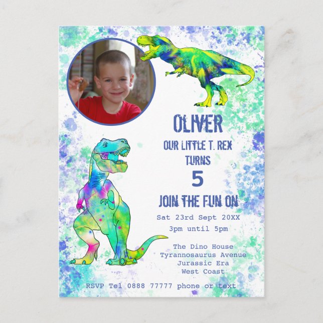 Dinosaur 5th Birthday T Rex Boys Photo Green Blue Invitation Postcard (Front)