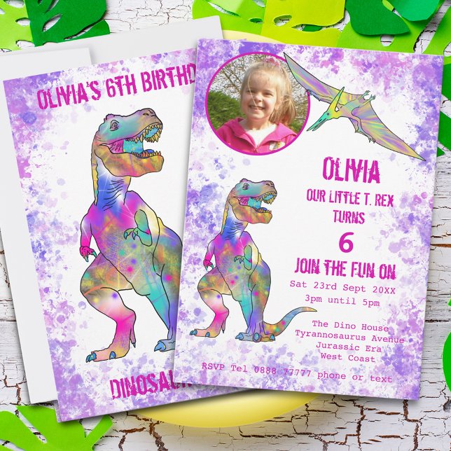 Dinosaur 5th Birthday T Rex Girl Photo Purple Pink Invitation (Girls 5th dinosaur birthday party invitation photo template T-Rex pterodactyl pink watercolor splash)