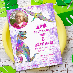 Dinosaur 5th Birthday T Rex Girl Photo Purple Pink Invitation Postcard