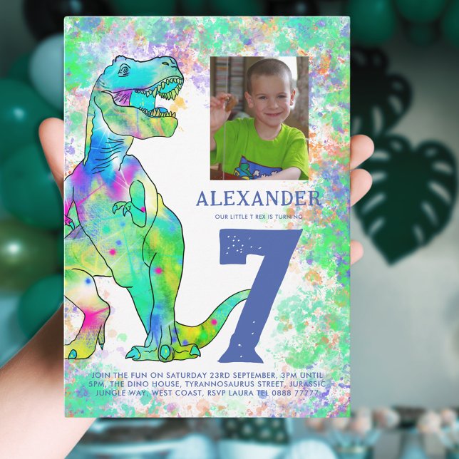 Dinosaur 7th Birthday Party Photo Budget Invitation Postcard (dinosaur 7th birthday party photo invitation with colorful T-Rex and Jurassic jungle watercolor )