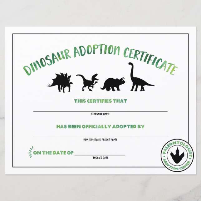 Dinosaur Adoption Certificate (Front)