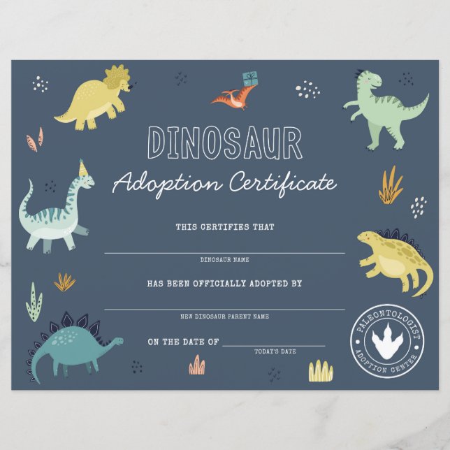 Dinosaur Adoption Certificate (Front)
