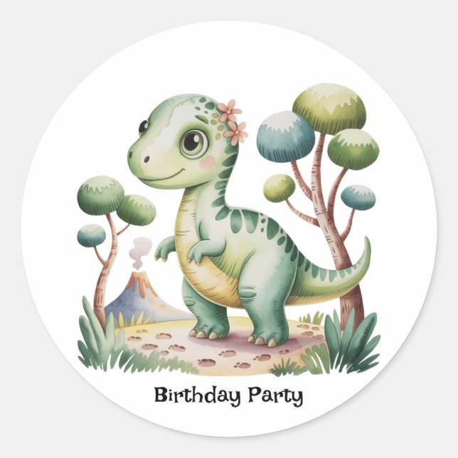 Dinosaur Adventure Boy's Birthday Party Classic Round Sticker (Front)