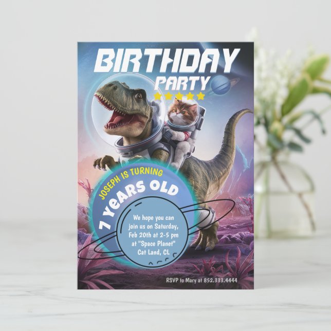 Dinosaur and Cat Astronaut Birthday Party Invitation (Standing Front)