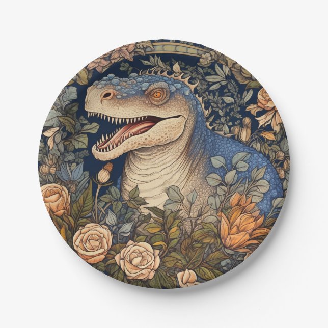 Dinosaur and flowers art nouveau style paper plate (Front)