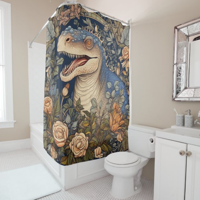 Dinosaur and flowers art nouveau style shower curtain (In Situ)