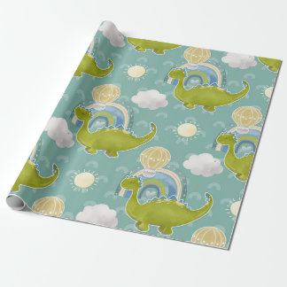 Dinosaur And Hot Air Balloon Baby Shower Pattern Wrapping Paper