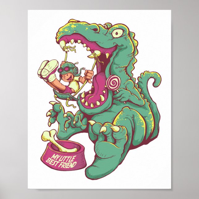 Dinosaur and Kid Cartoon Drawing Poster (Front)
