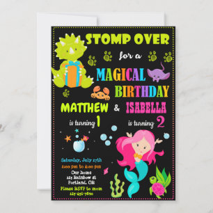 Dinosaur and Mermaid birthday invitation Two theme